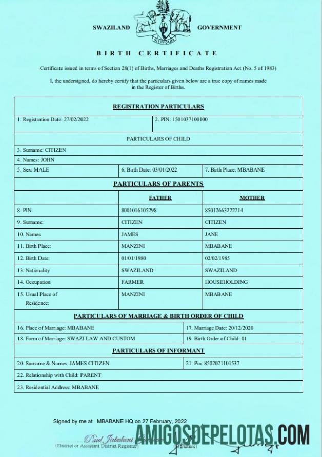 Em branco modelo de certidão de nascimento da Suazilândia em formato Word e PDF Modelo de certidão de nascimento da Suazilândia em formato Word e PDF